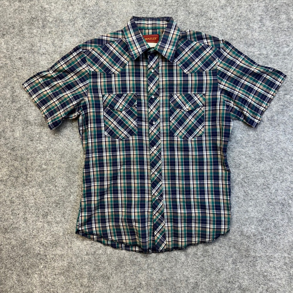 Vintage Rustler Western Pearl Snap Shirt Men's Size M Blue Plaid Short Sleeve